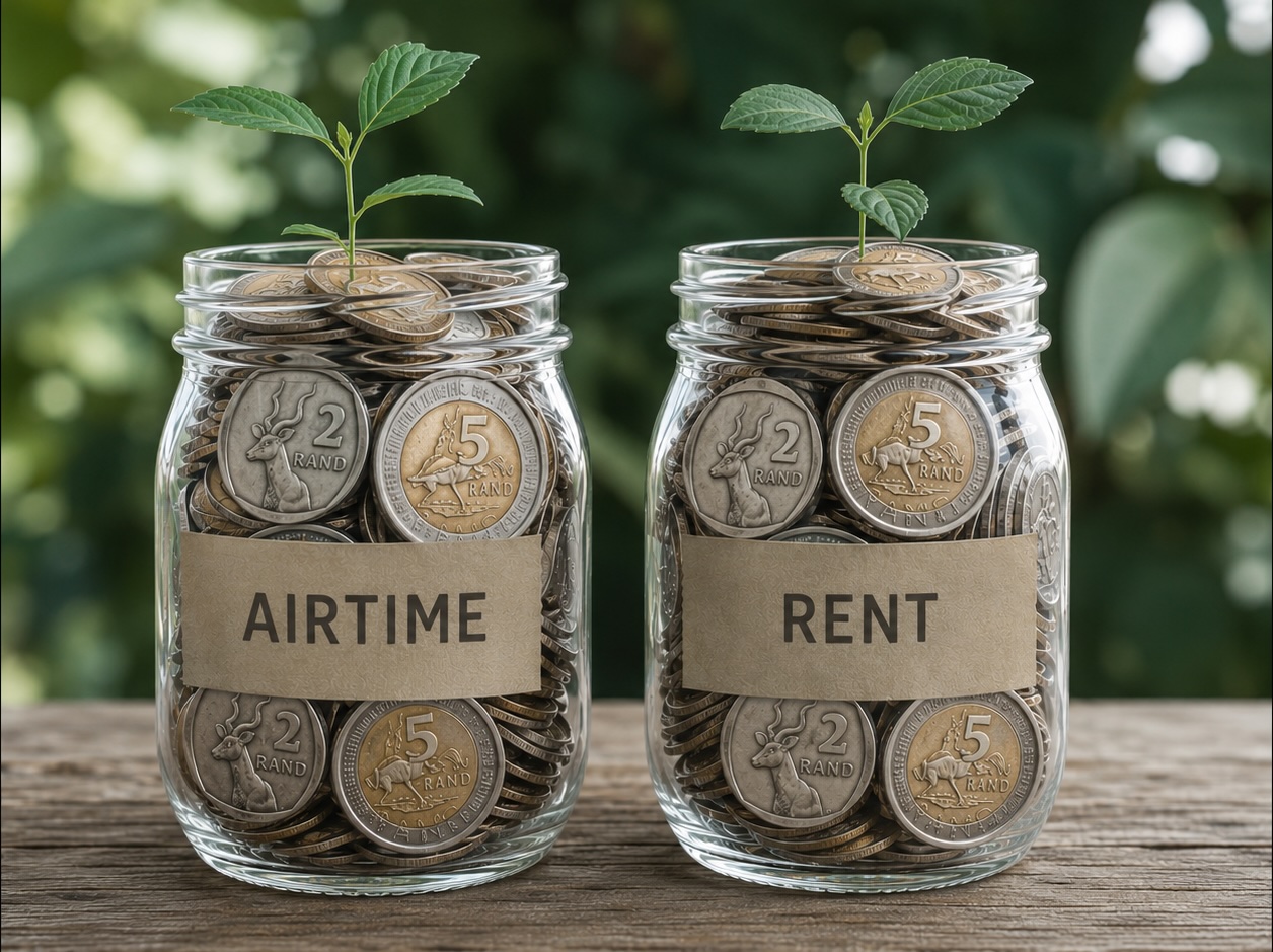 Two glass jars filled with South African Rand coins, labelled Airtime and Rent, with small green shoots growing out the top.